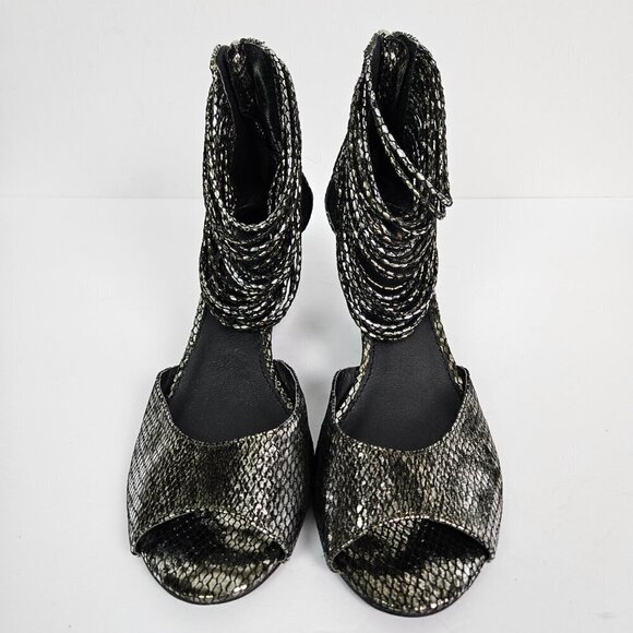 Kelsi Dagger Ryton Silver Metallic Snake Embossed Leather Ankle Strap Wedge 7.5 - Picture 2 of 13